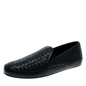 Pre Owned Bottega Veneta Navy Intrecciato Leather Loafers Size 45