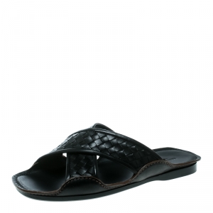 Pre Owned Bottega Veneta Black Intrecciato Leather Cross Strap Flat Slides Size 40