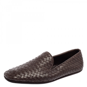 Pre Owned Bottega Veneta Dark Brown Intrecciato Leather Smoking Slippers Size 44