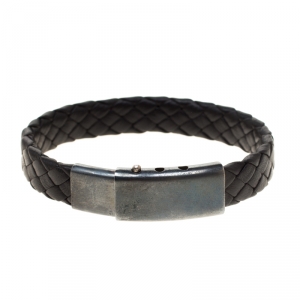 Bottega Veneta Black Intrecciato Woven Leather Silver Bracelet