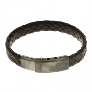Bottega Veneta Black Intrecciato Woven Leather Silver Bracelet
