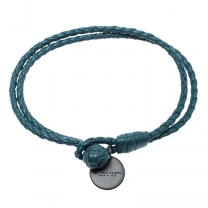 Pre Owned Bottega Veneta Teal Blue Intrecciato Nappa Leather Double Strand Bracelet M