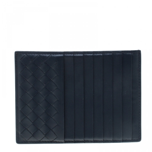 Bottega Veneta Navy Blue Intrecciato Leather Prusse Card Holder