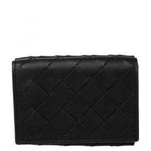 Pre Owned Bottega Veneta Black Intrecciato Leather Trifold Wallet