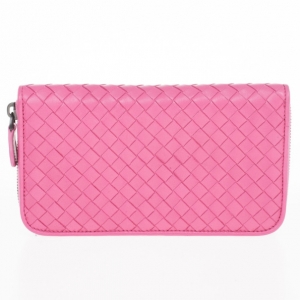 Pre Owned Bottega Veneta Pink Intreciatto Zip Around Wallet
