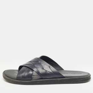 Bottega Veneta Navy Blue Intrecciato Leather Cross Strap Flat Slides Size 43