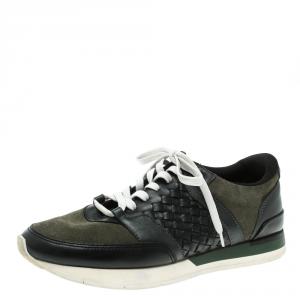Bottega Veneta Black Intrecciato Leather and Green Suede Sneakers Size 40