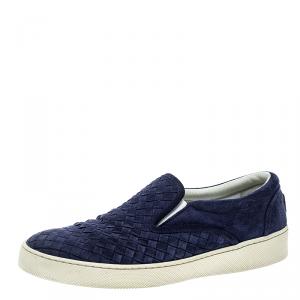 Bottega Veneta Blue Intrecciato Suede Slip On Sneakers Size 41.5
