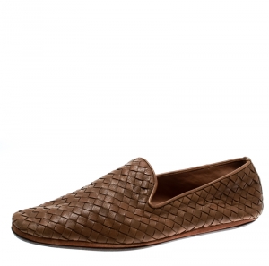 Pre Owned Bottega Veneta Dark Beige Intrecciato Leather Loafers Size 43