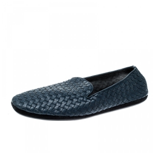 Pre Owned Bottega Veneta Blue Intrecciato Leather Smoking Slippers Size 44