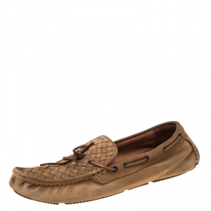 Bottega Veneta Brown Intrecciato Suede Bow Slip On Loafers Size 44