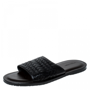 Pre Owned Bottega Veneta Black Intrecciato Leather Slide Sandals Size 45