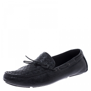 Bottega Veneta Black Leather Wave Driver Intrecciato Detail Moccasins Size 43