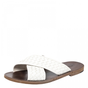 Bottega Veneta White Criss Cross Intrecciato Leather Flat Slides Size 43