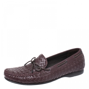 Pre Owned Bottega Veneta Burgundy Intrecciato Leather Bow Loafers Size 42.5