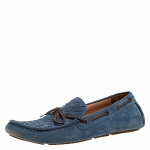Pre Owned Bottega Veneta Blue Intrecciato Suede Bow Slip On Loafers Size 43