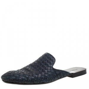 Bottega Veneta Navy Blue Intrecciato Leather Fiandra Mules Size 42