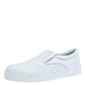Bottega Veneta White Intrecciato Leather Dodger Slip On Sneakers Size 43