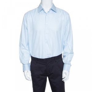 قميص بريوني قطن أزرق فاتح نمط كاروهات بأكمام قصيرة بأزرار أمامية 2XL