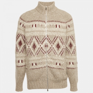 مملوكة مسبقًا Brunello Cucinelli Grey Fair Isle Knit Zip-Up Cardigan L