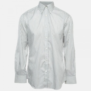 Brunello Cucinelli Grey Striped Cotton Slim Fit Shirt XL