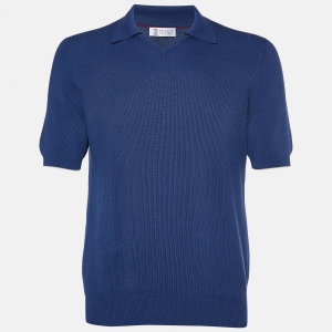Brunello Cucinelli Blue Cotton Knit Polo Sweater L