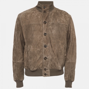 Brunello Cucinelli Brown Ribbed Trim Suede Buttoned Jacket M