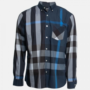 Burberry London Navy Blue Exploded Check Cotton Shirt XL