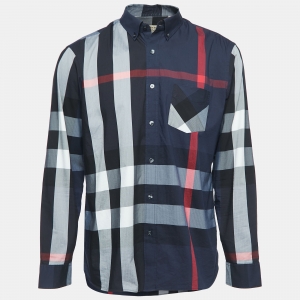 Burberry London Navy Blue Plaid Cotton Button Down Full Sleeve Shirt XL