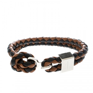 Pre Owned Burberry Brown & Black Braided Leather Silver Tone Bracelet 18cm