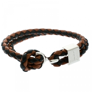 Pre Owned Burberry Two Tone Braided Leather Silver Tone Bracelet