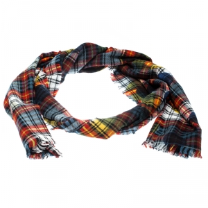 Burberry Multicolor Wool Tartan Plaid Polka Dotted Fringed Edge Muffler