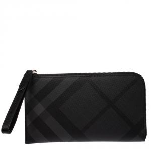 Burberry Charcoal Check Coated Canvas Zip Around Nolan Wristlet Wallet