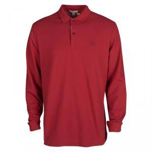 Pre Owned Burberry Brit Military Red Honeycomb Knit Long Sleeve Oxford Polo T-Shirt XL