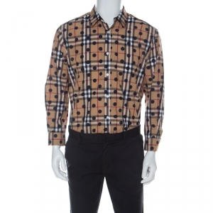 Burberry Camel Beige Nova Check Cotton Polka Dot Detail Shirt XL