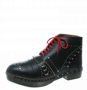 Burberry Black Studded Leather Antrim Fringe Detail Clog Boots Size 44
