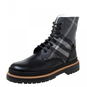 Burberry Black Leather And Wool Blend William Check Fur Lined Ankle Boots Size 41