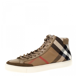 Burberry Beige Housecheck Canvas And Leather Painton High Top Sneakers Size 43