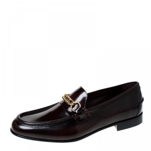  Burberry Burgundy Leather Solway Chain Detail Slip On Loafers Size 44