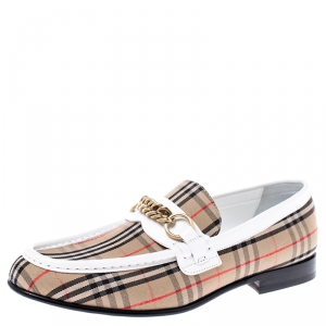 Burberry Beige Canvas And White Leather Moorley Chain Detail Loafers Size 41