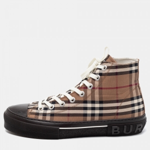 Burberry Brown/Beige Canvas Check Fabric High Top Sneakers Size 44