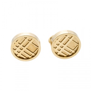 Burberry Check Engraved Gold Tone Round Cufflinks