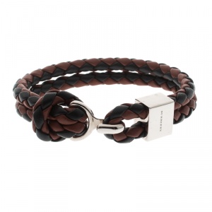 Pre Owned Burberry Brown & Black Braided Leather Silver Tone Bracelet 18cm