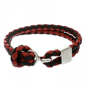 Pre Owned Burberry Two Tone Braided Leather Silver Tone Bracelet