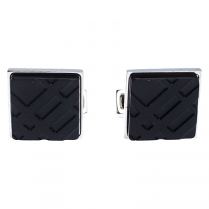 Pre Owned Burberry Silver Tone Check Engraved Square Cufflinks