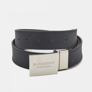Burberry Navy Blue Check Coated Canvas and Leather Logo Plague Reversible Belt 85CM