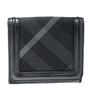 Burberry Grey Beat Check Canvas and Leather Compact Wallet