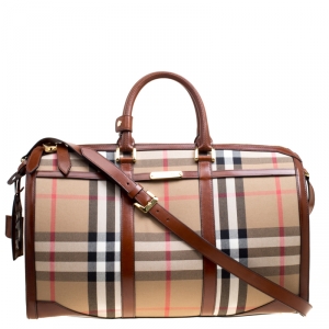 Burberry Brown House Check Fabric Bridle Duffle Bag 