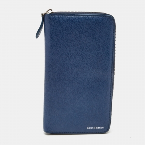 Burberry Blue Leather Zip Around Organizer Wallet 