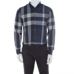 Burberry Brit Navy Blue Checked Cotton Long Sleeve Button Down Shirt S